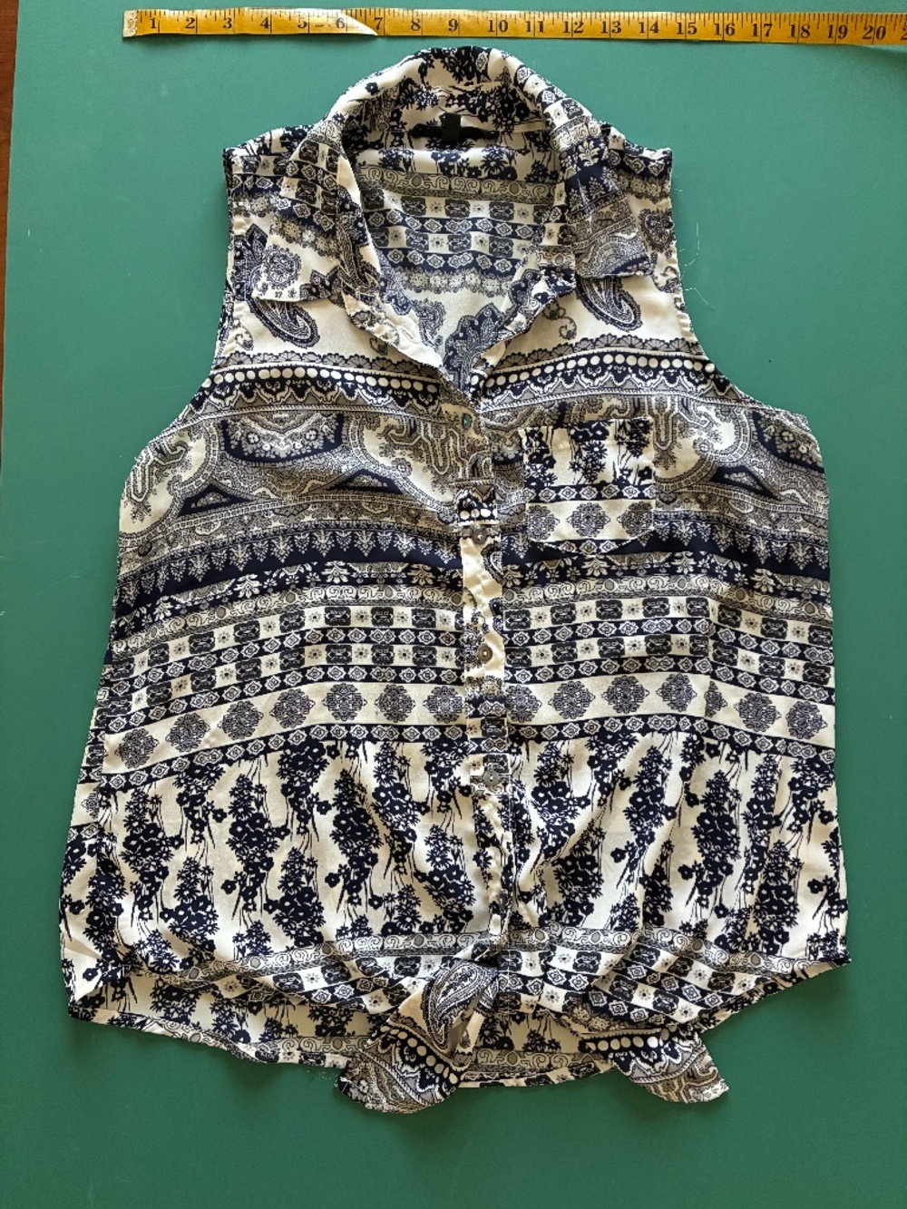 Olivaceous Sleeveless Tie Front Blouse with Shell Buttons Size L
